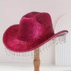 Bling Bling Cowgirl Hat with Rhinestone Streamers (Color: Rose Red)
